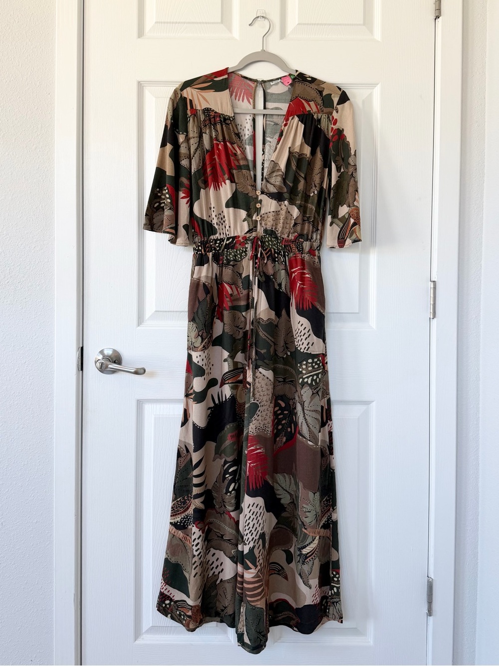 FARM Rio Tropical Printed Jumpsuit in Beige, Olive & Red